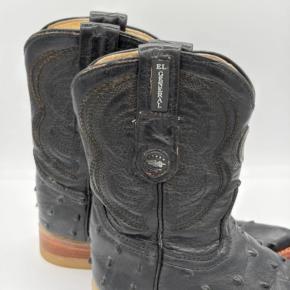 El‎ General Toddler Kids 8.5 Black Leather Ostrich Print Square Toe Cowboy Boots